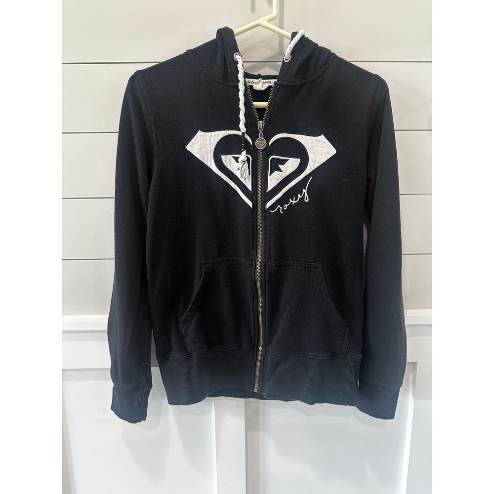 Roxy Womens Black Full Zip Hoodie Heart Logo Graphic Sweatshirt Size Medium